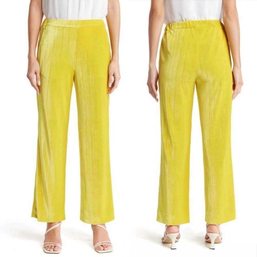 St. John Crushed Velvet Pants Women Medium Yellow Wide Leg Pull On High Rise